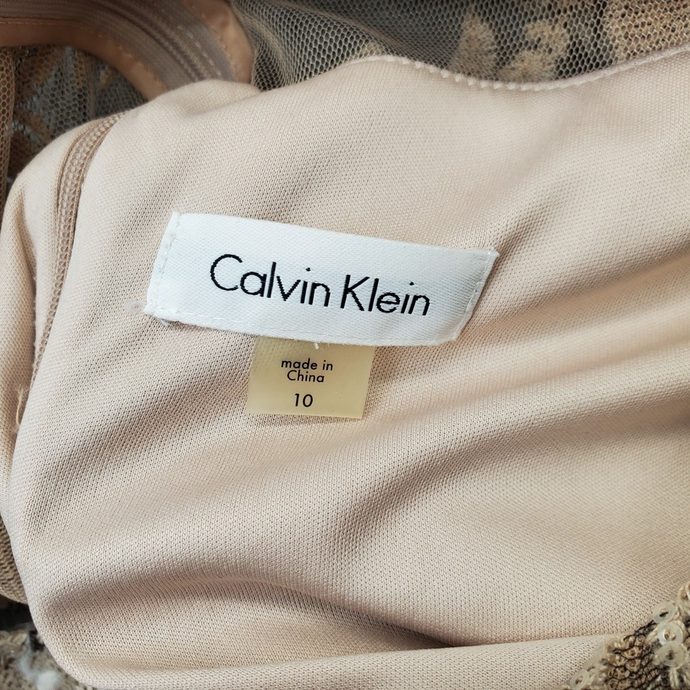 Calvin Klein Cocktail Dress Womens 10 Brown Embroidered Lace Overlay Back Zip - Picture 3 of 9